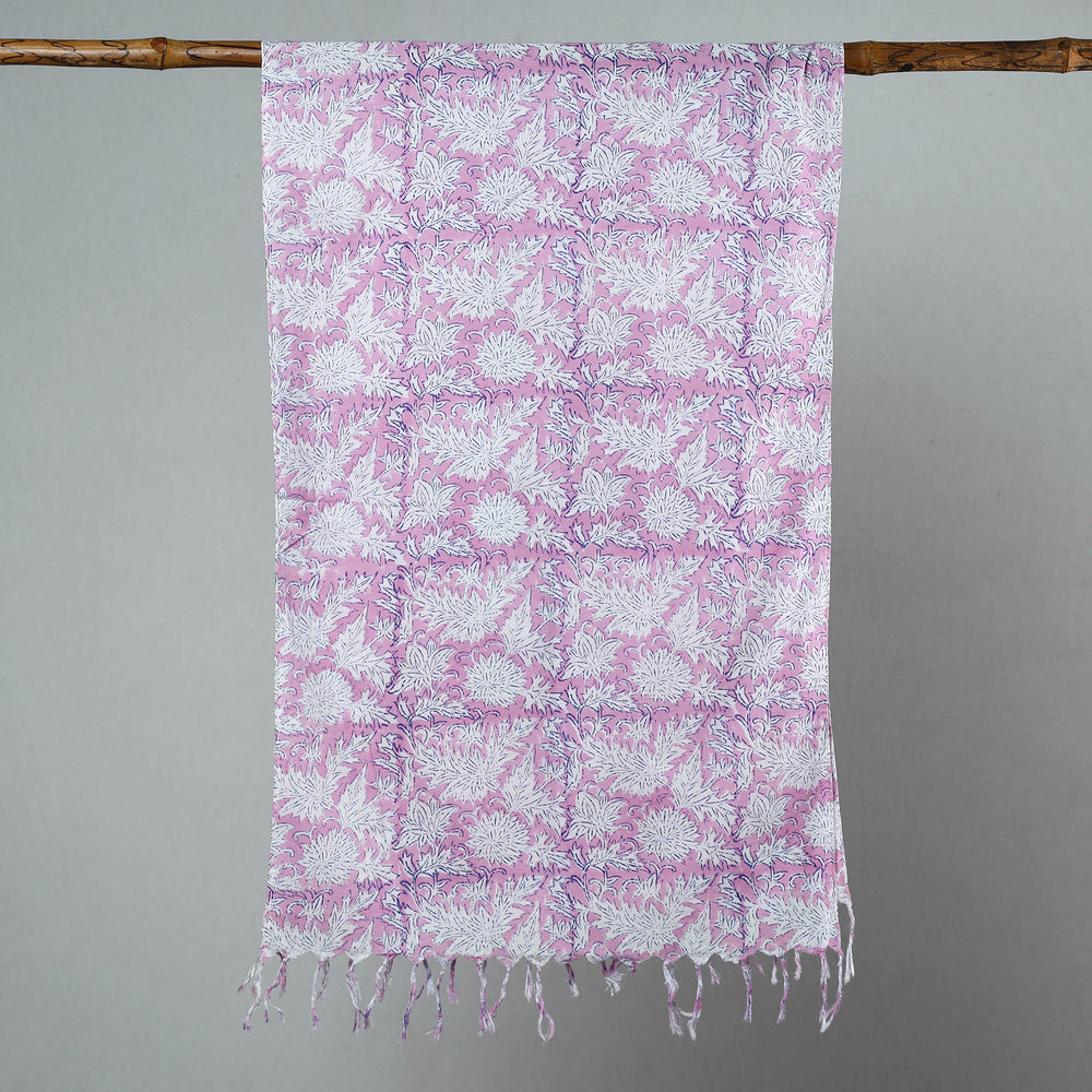 Purple - Sanganeri Block Printed Cotton Stole with Tassels 94