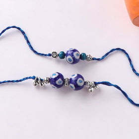 Blue - Pearls Handmade Blue Pottery & GS Bead Work Bhaiya Bhabhi Rakhi Set with Banaras Wood Dolls Box 26