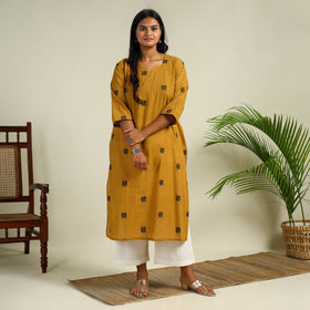 Yellow Straight Cotton Jacquard Kurta for Women