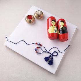 Blue - Pearls Handmade Blue Pottery & GS Bead Work Bhaiya Bhabhi Rakhi Set with Banaras Wood Dolls Box 27