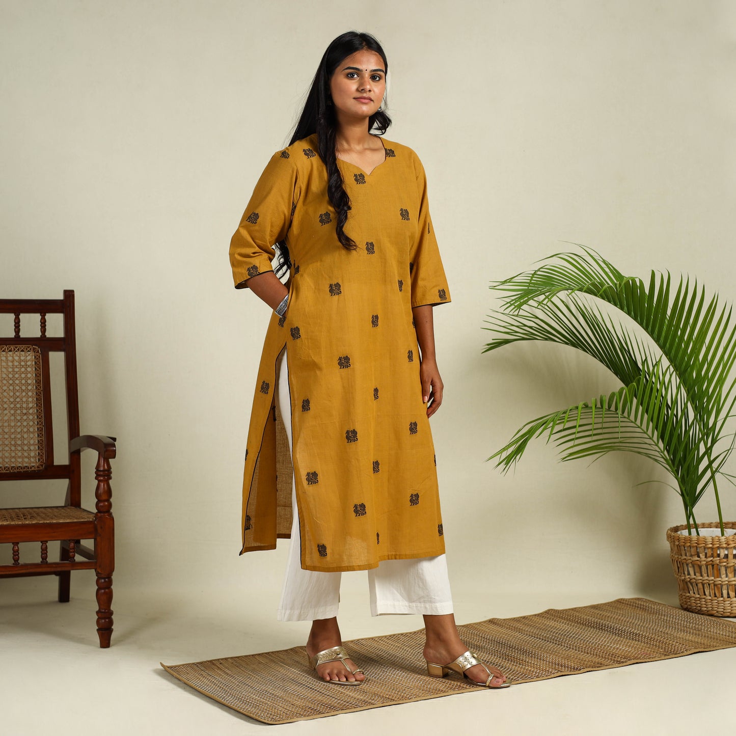 Yellow Straight Cotton Jacquard Kurta for Women