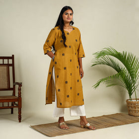 Yellow Straight Cotton Jacquard Kurta for Women