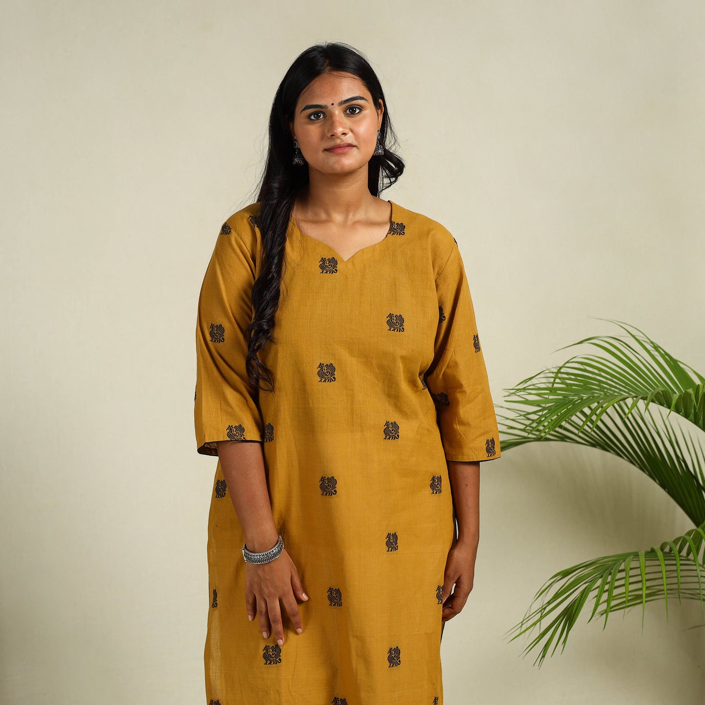 Yellow Straight Cotton Jacquard Kurta for Women