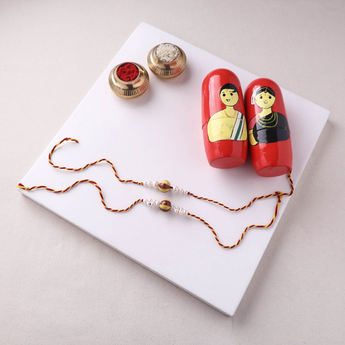 Multicolor - Pearls Handmade Blue Pottery & GS Bead Work Bhaiya Bhabhi Rakhi Set with Banaras Wood Dolls Box 28
