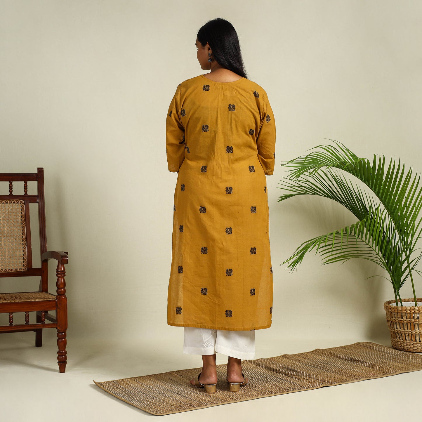 Yellow Straight Cotton Jacquard Kurta for Women