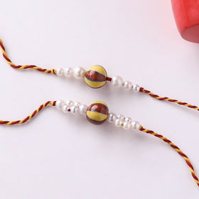 Multicolor - Pearls Handmade Blue Pottery & GS Bead Work Bhaiya Bhabhi Rakhi Set with Banaras Wood Dolls Box 28
