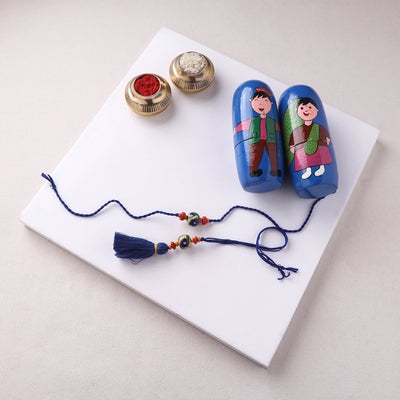 Yellow - Handmade Blue Pottery & GS Bead Work Rakhi Lumba Set with Banaras Wood Dolls Box 29