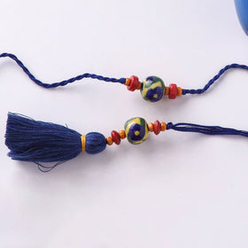 Yellow - Handmade Blue Pottery & GS Bead Work Rakhi Lumba Set with Banaras Wood Dolls Box 29