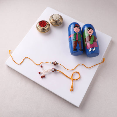 Red - Handmade Blue Pottery & GS Bead Work Rakhi Lumba Set with Banaras Wood Dolls Box 30