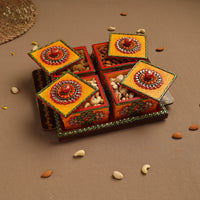 Diwali Decor Handpainted Wooden Dry Fruit Tray with 4 Bowls