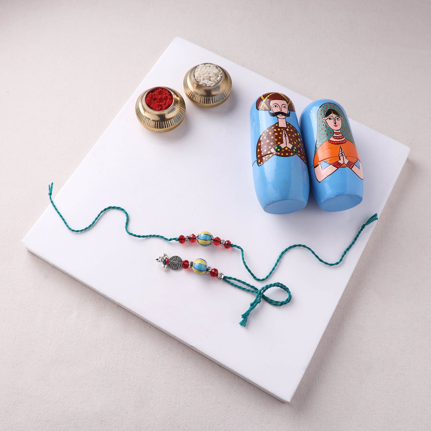 Multicolor - Handmade Blue Pottery & GS Bead Work Rakhi Lumba Set with Banaras Wood Dolls Box 32