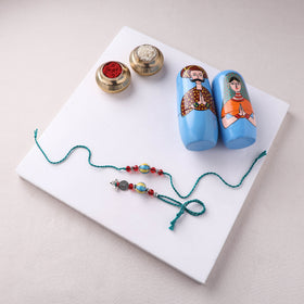 Multicolor - Handmade Blue Pottery & GS Bead Work Rakhi Lumba Set with Banaras Wood Dolls Box 32