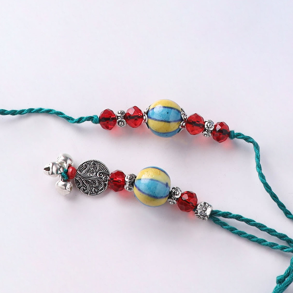 Multicolor - Handmade Blue Pottery & GS Bead Work Rakhi Lumba Set with Banaras Wood Dolls Box 32