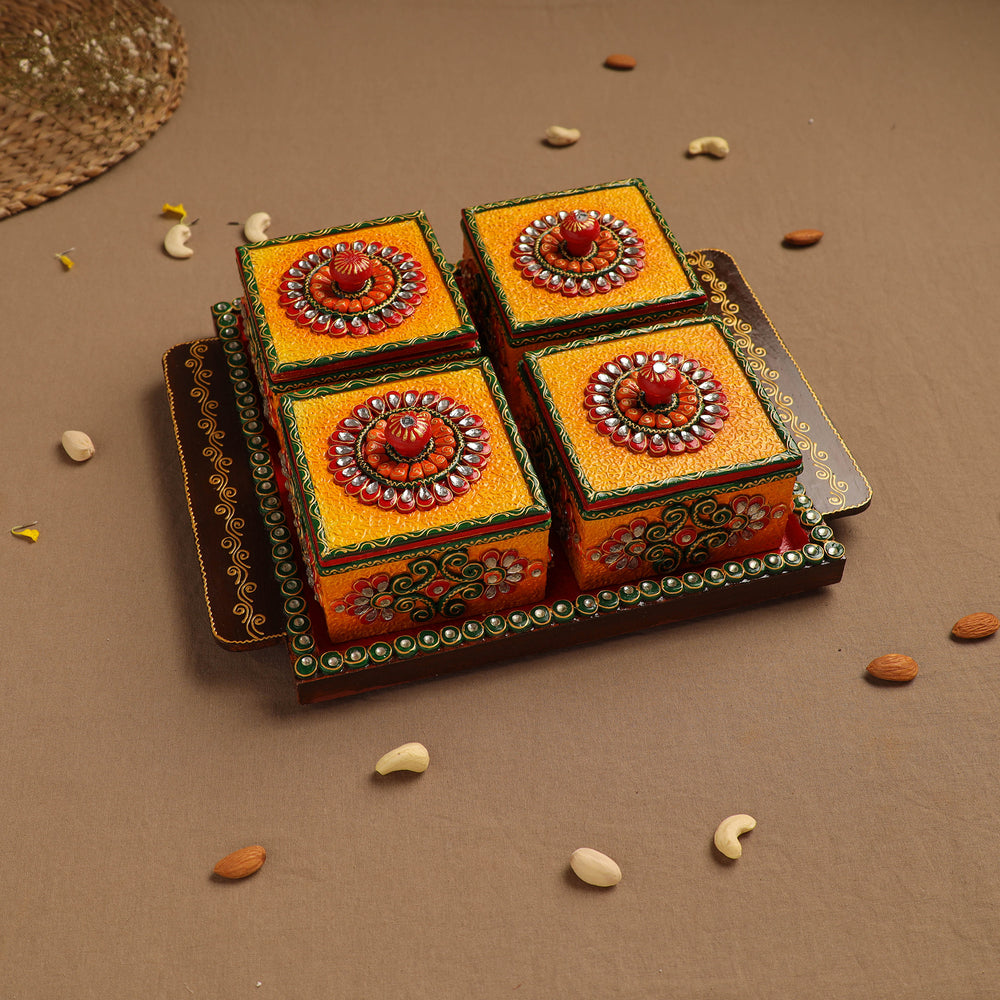 Diwali Decor Handpainted Wooden Dry Fruit Tray with 4 Bowls