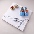 Blue - Handmade Blue Pottery & GS Bead Work Rakhi Lumba Set with Banaras Wood Dolls Box 33