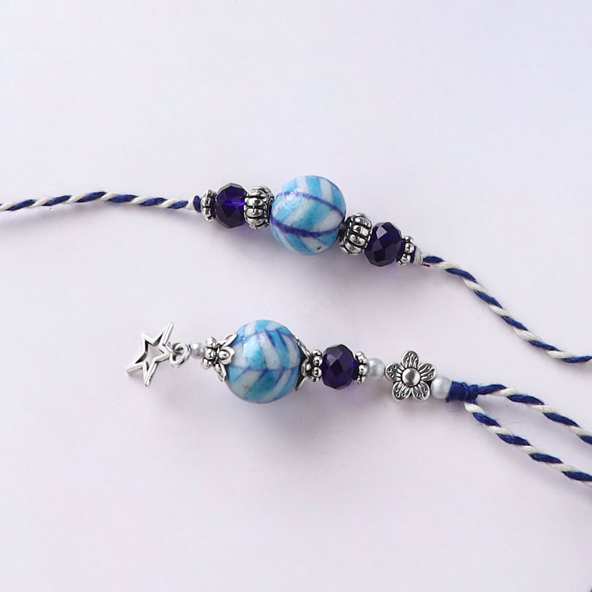 Blue - Handmade Blue Pottery & GS Bead Work Rakhi Lumba Set with Banaras Wood Dolls Box 33