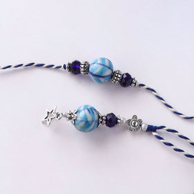 Blue - Handmade Blue Pottery & GS Bead Work Rakhi Lumba Set with Banaras Wood Dolls Box 33