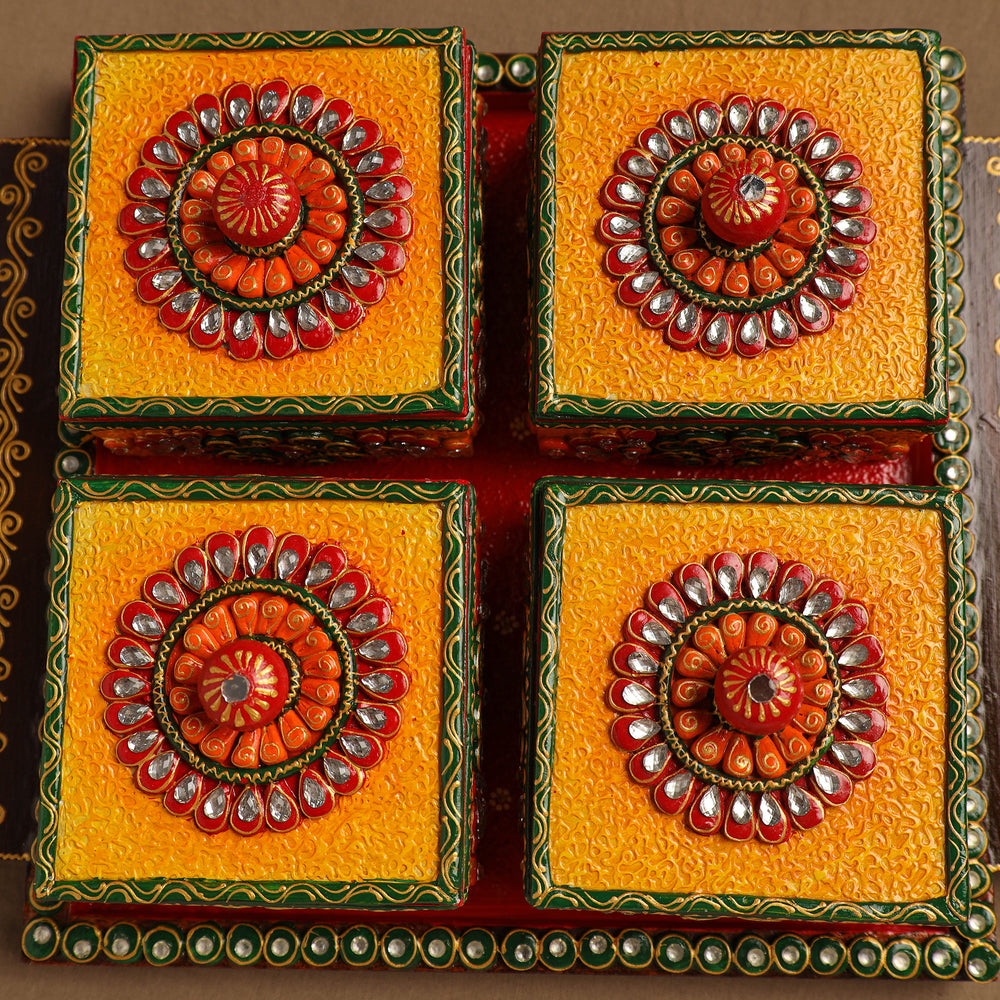 Diwali Decor Handpainted Wooden Dry Fruit Tray with 4 Bowls