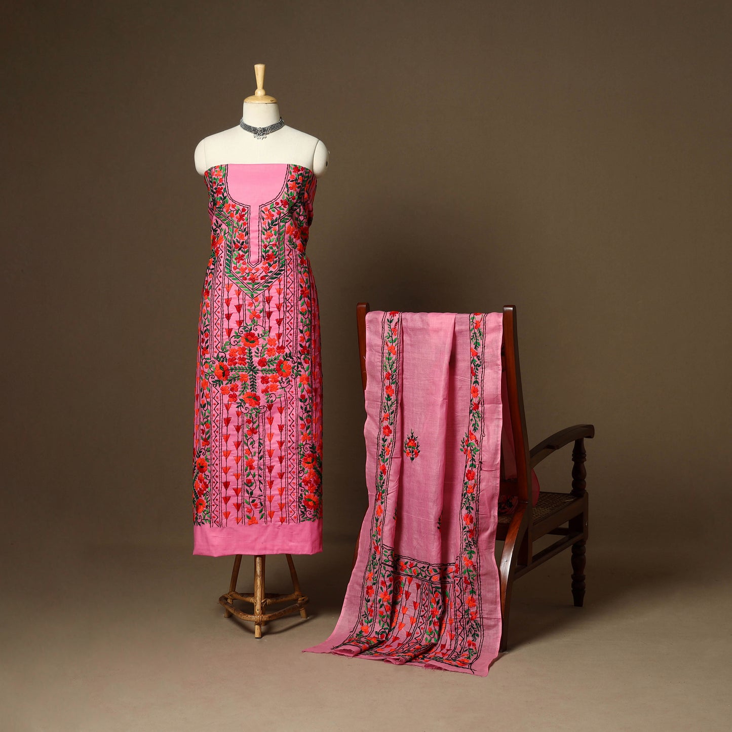 Pink - 3pc hand embroidery cotton unstitched phulkari dress