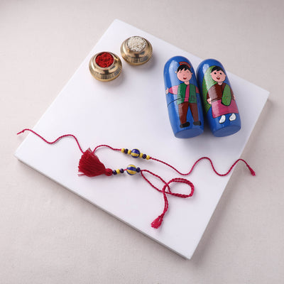 Yellow - Handmade Blue Pottery & GS Bead Work Rakhi Lumba Set with Banaras Wood Dolls Box 34