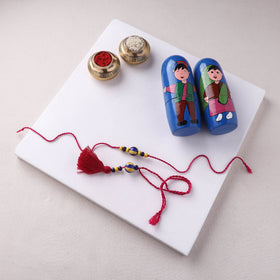Yellow - Handmade Blue Pottery & GS Bead Work Rakhi Lumba Set with Banaras Wood Dolls Box 34