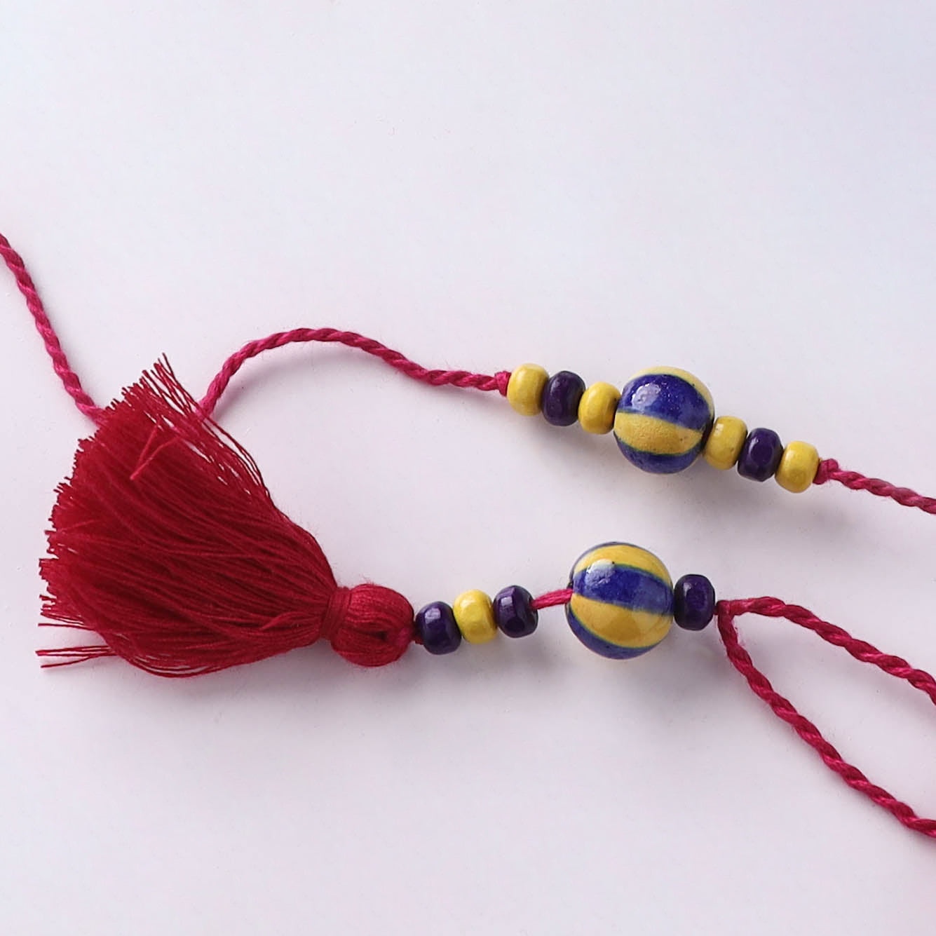 Yellow - Handmade Blue Pottery & GS Bead Work Rakhi Lumba Set with Banaras Wood Dolls Box 34
