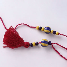 Yellow - Handmade Blue Pottery & GS Bead Work Rakhi Lumba Set with Banaras Wood Dolls Box 34