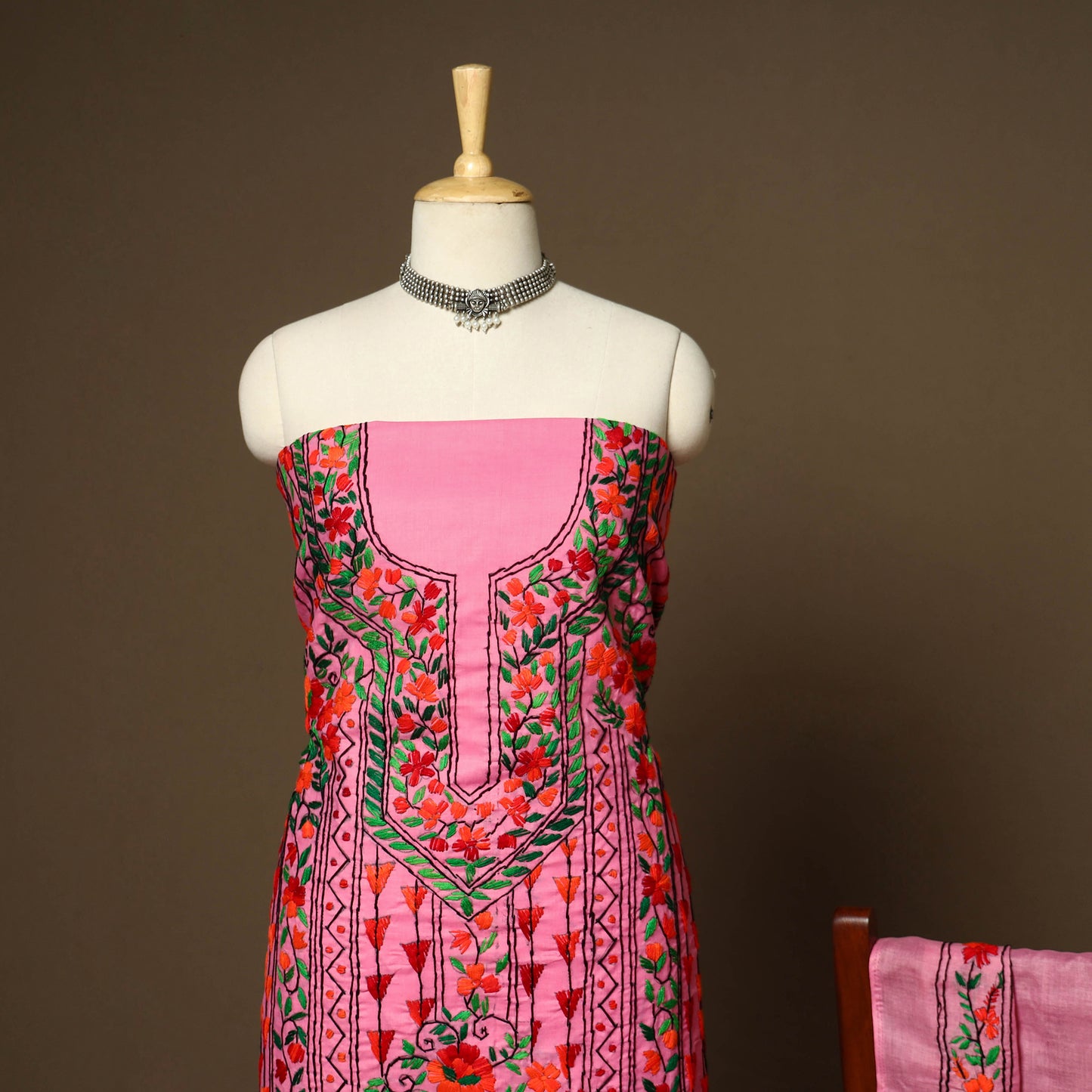 Pink - 3pc hand embroidery cotton unstitched phulkari dress
