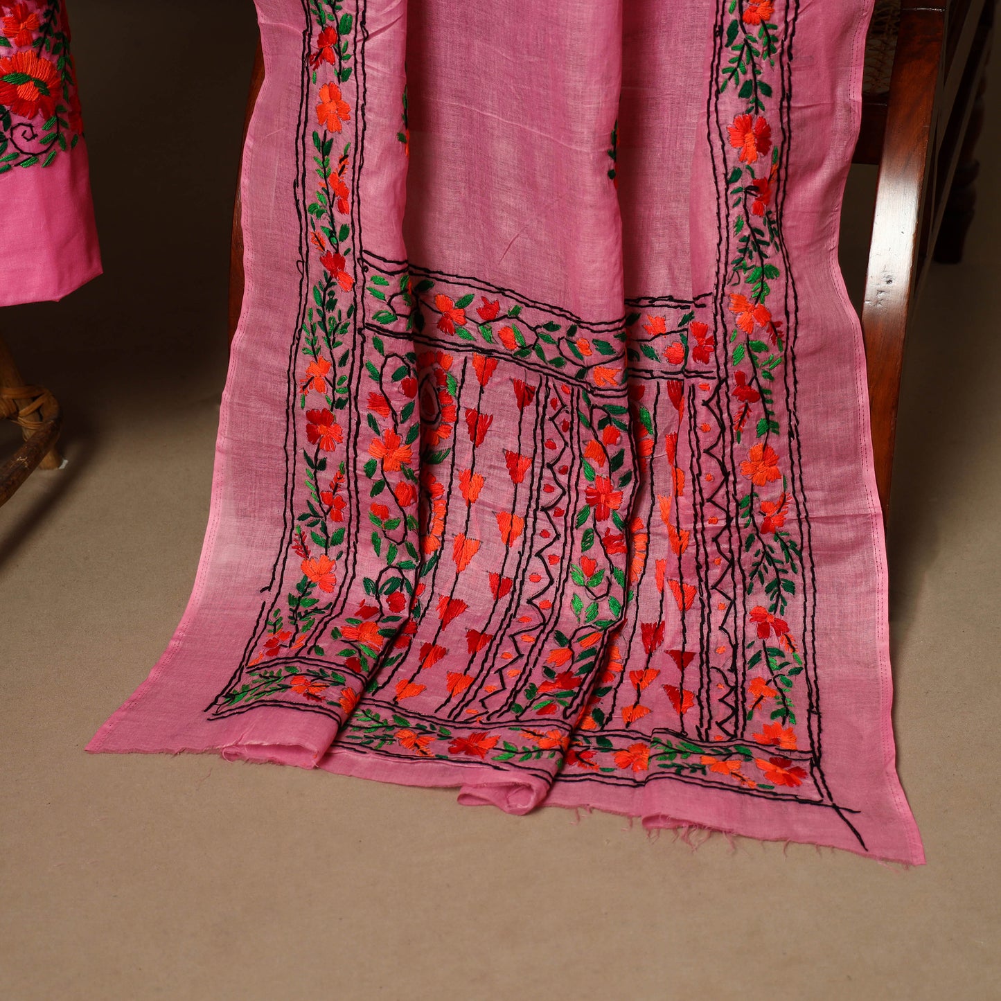 Pink - 3pc hand embroidery cotton unstitched phulkari dress