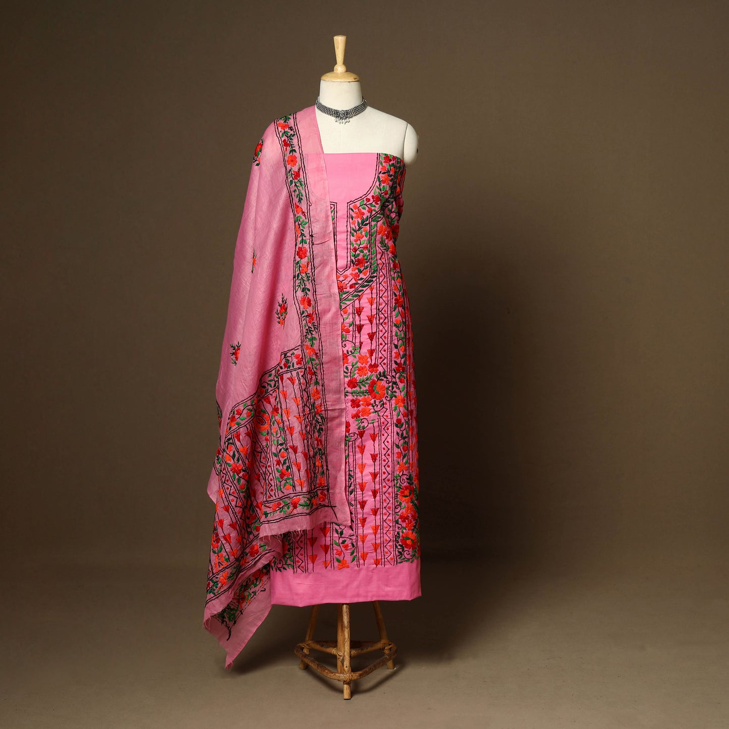 Pink - 3pc hand embroidery cotton unstitched phulkari dress
