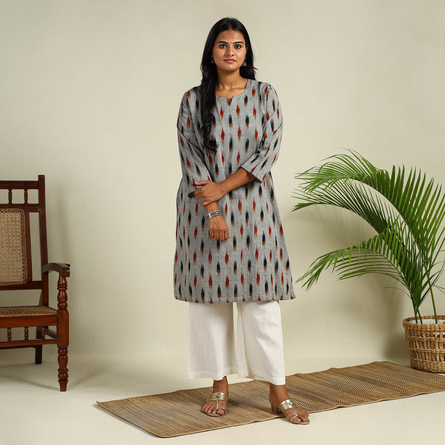 Grey - Cotton Straight Pochampally Ikat Kurta 13