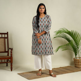 Grey - Cotton Straight Pochampally Ikat Kurta 13