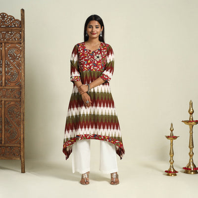 Buy multicolor Srikalahasti Mosaic Fusion Cotton A-Line Ikat Kurta
