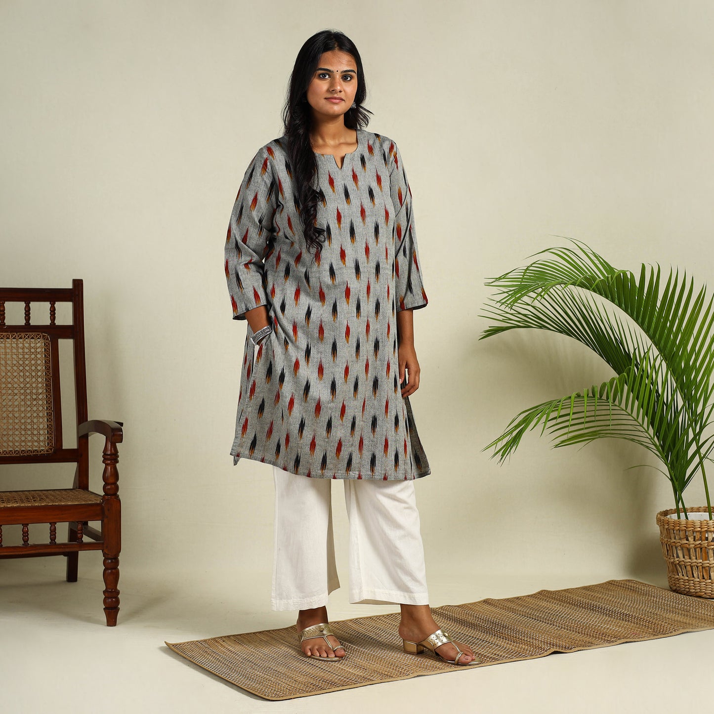 Grey - Cotton Straight Pochampally Ikat Kurta 13