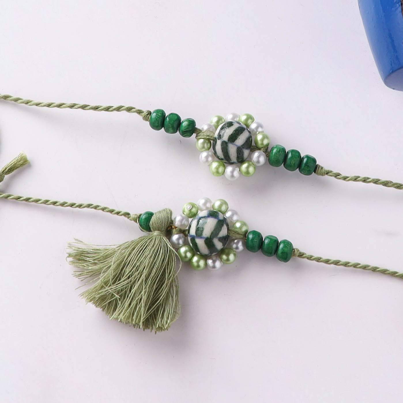 Green - Handmade Blue Pottery & GS Bead Work Bhaiya Bhabhi Rakhi Set with Banaras Wood Dolls Box 35