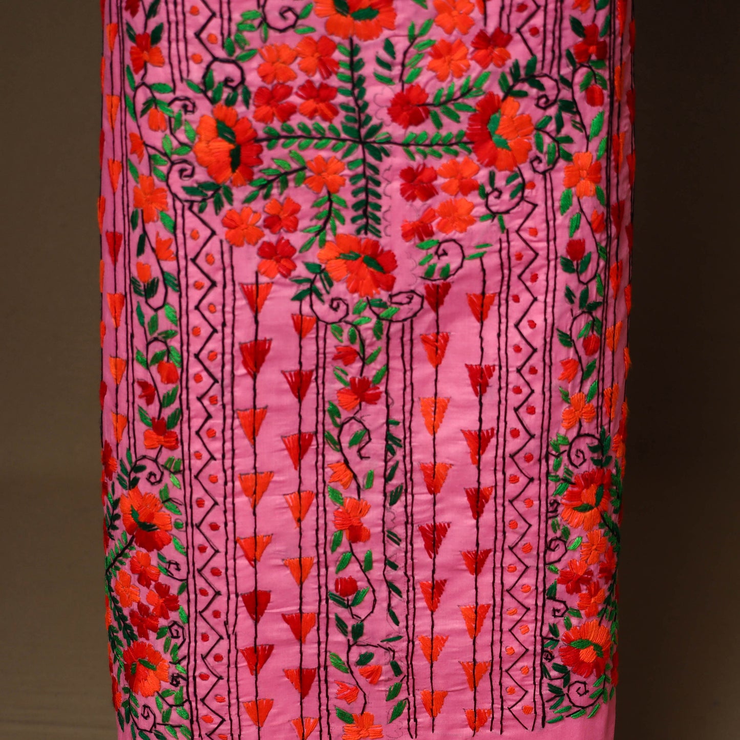 Pink - 3pc hand embroidery cotton unstitched phulkari dress