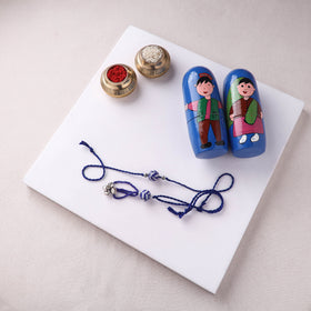 Blue - Handmade Blue Pottery & GS Bead Work Rakhi Lumba Set with Banaras Wood Dolls Box 36