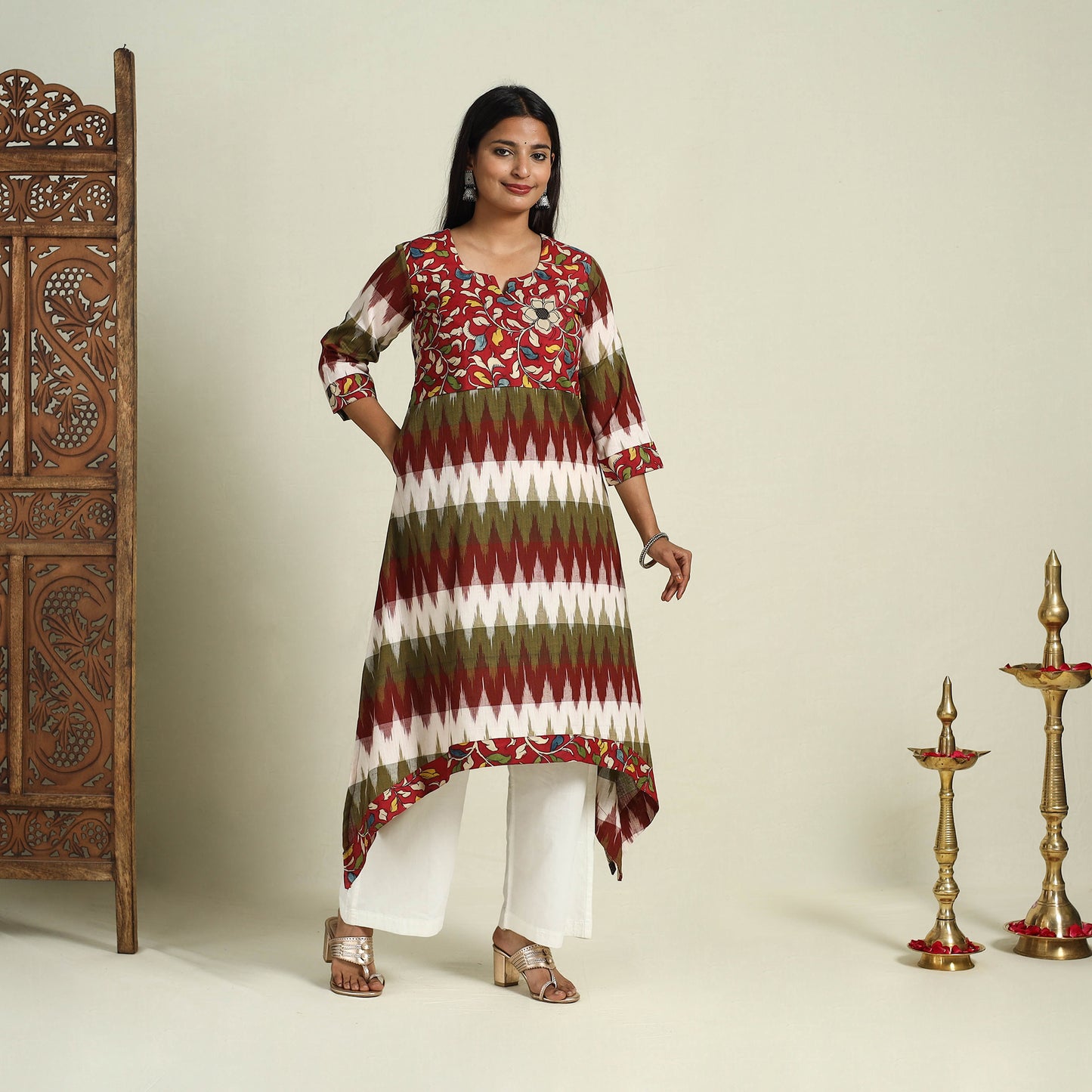 Buy multicolor Srikalahasti Mosaic Fusion Cotton A-Line Ikat Kurta