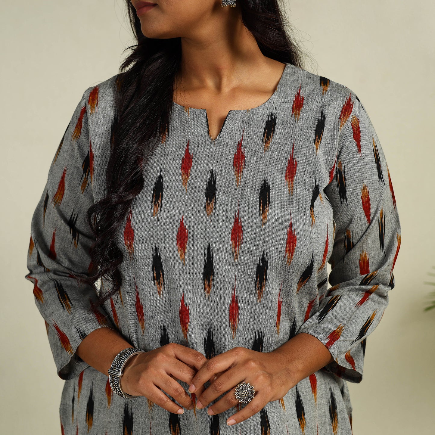 Grey - Cotton Straight Pochampally Ikat Kurta 13