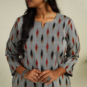 Grey - Cotton Straight Pochampally Ikat Kurta 13