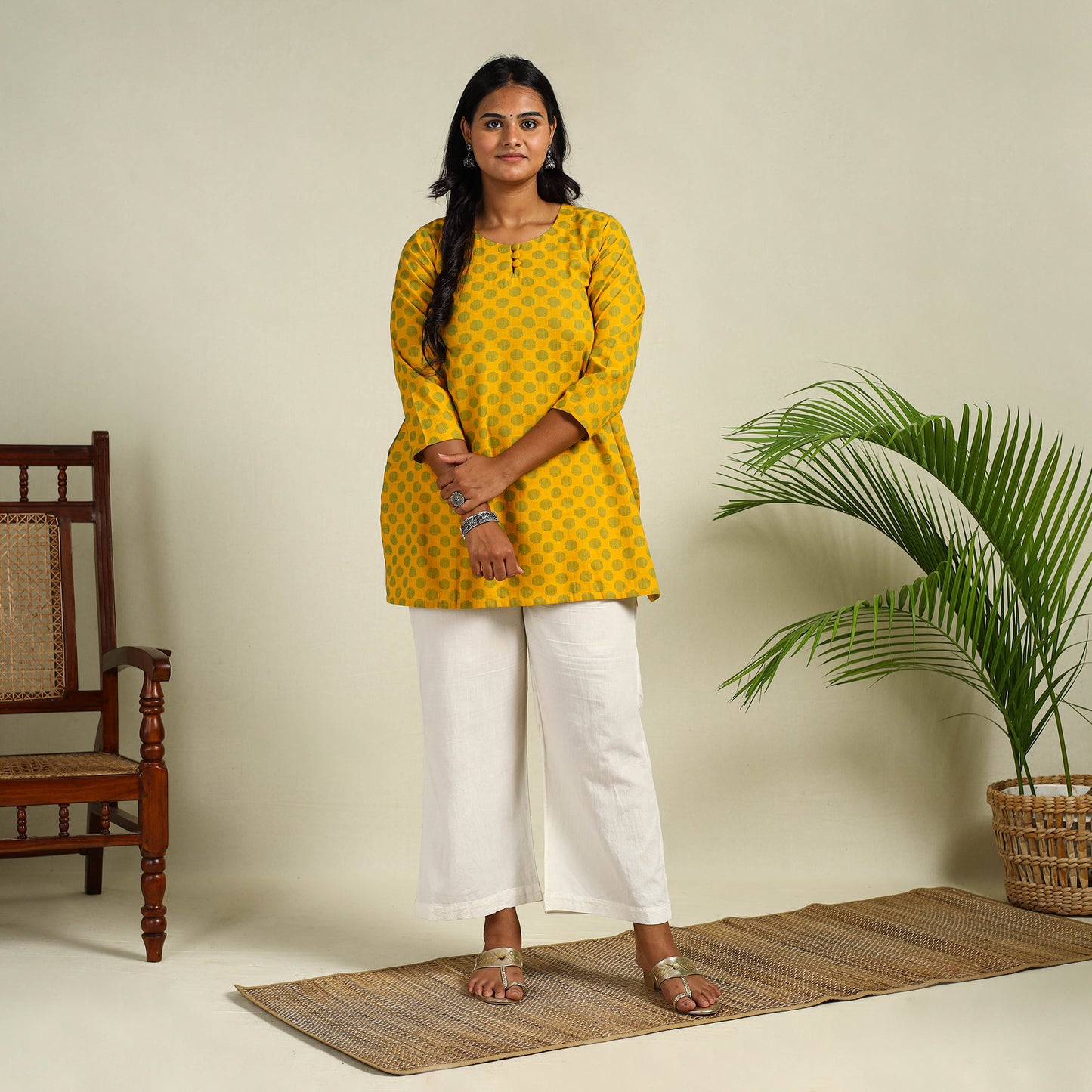 Yellow Short Cotton Jacquard Kurta 07 for Women