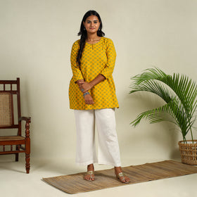 Yellow Short Cotton Jacquard Kurta 07 for Women