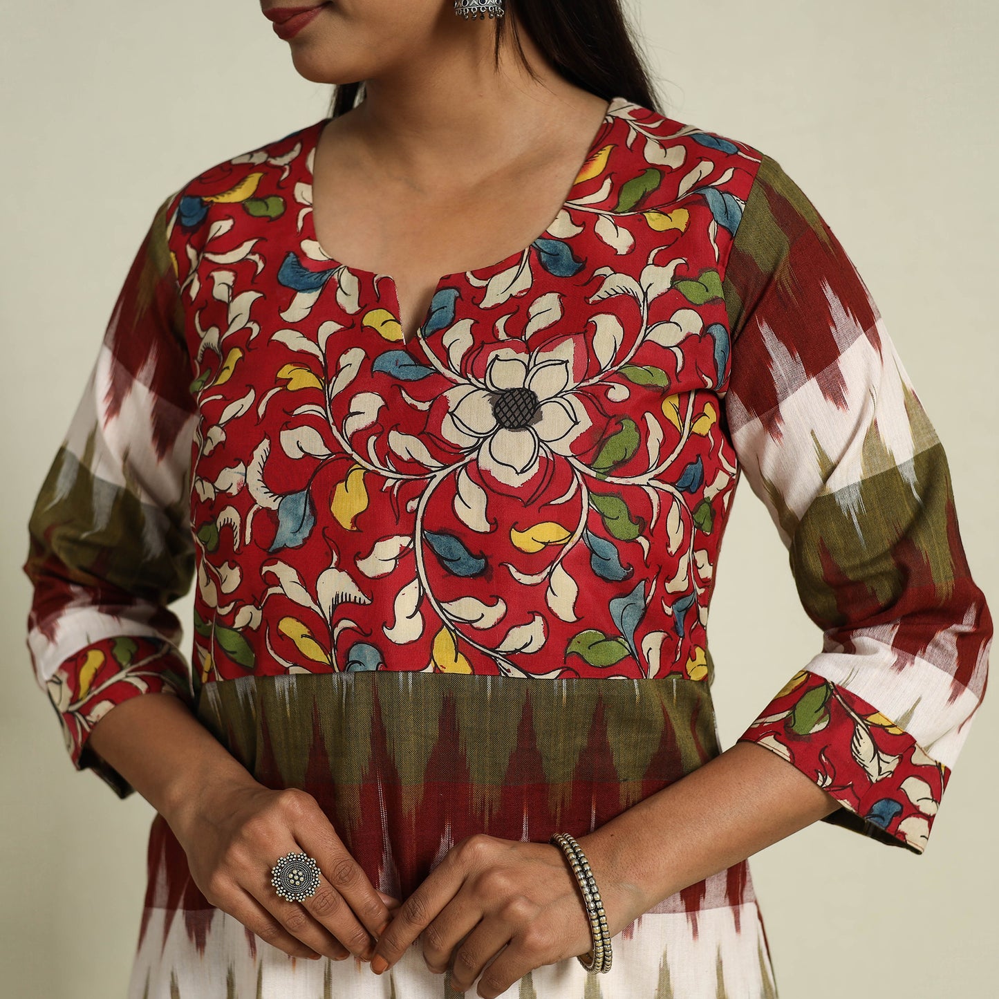 Buy multicolor Srikalahasti Mosaic Fusion Cotton A-Line Ikat Kurta