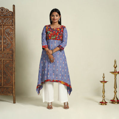Buy Blue Srikalahasti Mosaic Fusion Cotton A-Line Ikat Kurta