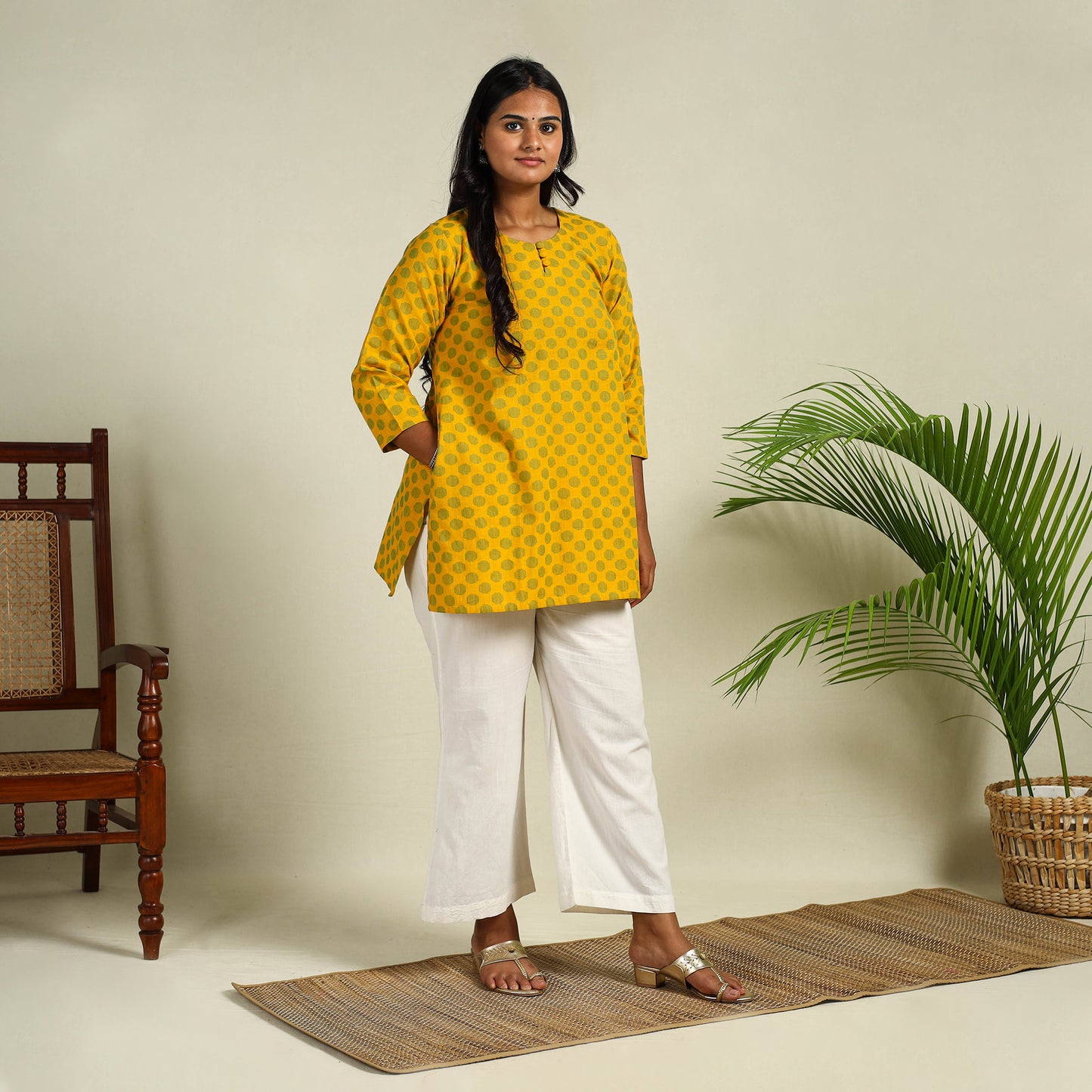 Yellow Short Cotton Jacquard Kurta 07 for Women