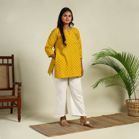 Yellow Short Cotton Jacquard Kurta 07 for Women
