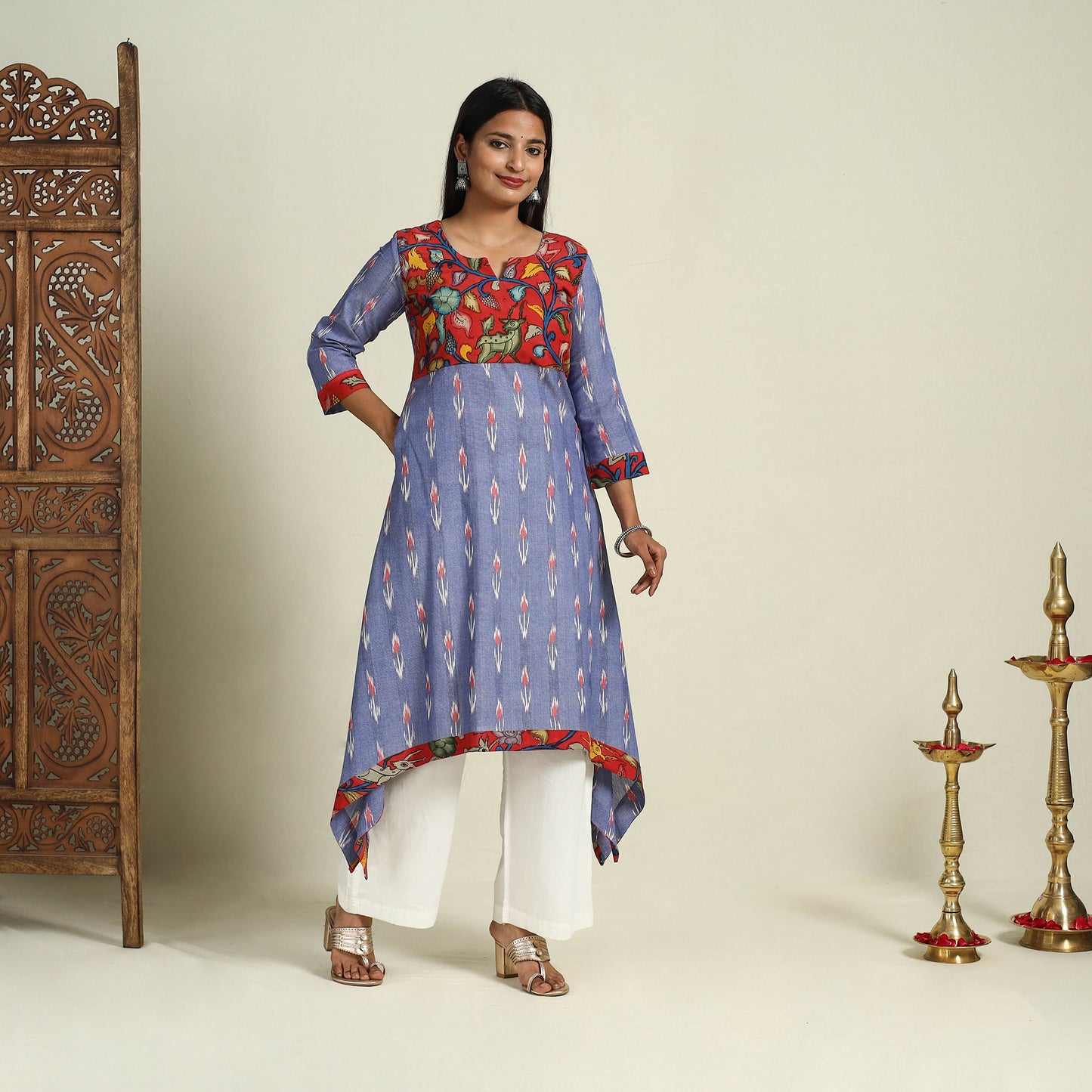 Buy Blue Srikalahasti Mosaic Fusion Cotton A-Line Ikat Kurta