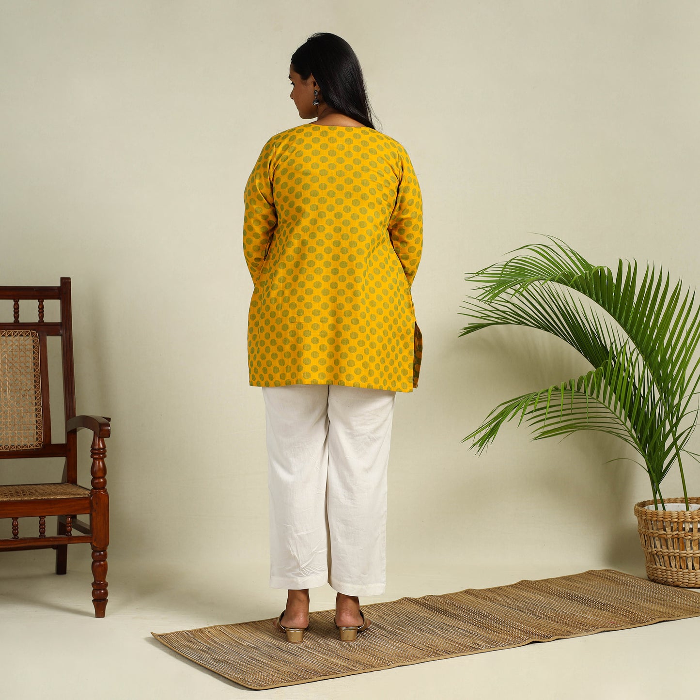 Yellow Short Cotton Jacquard Kurta 07 for Women