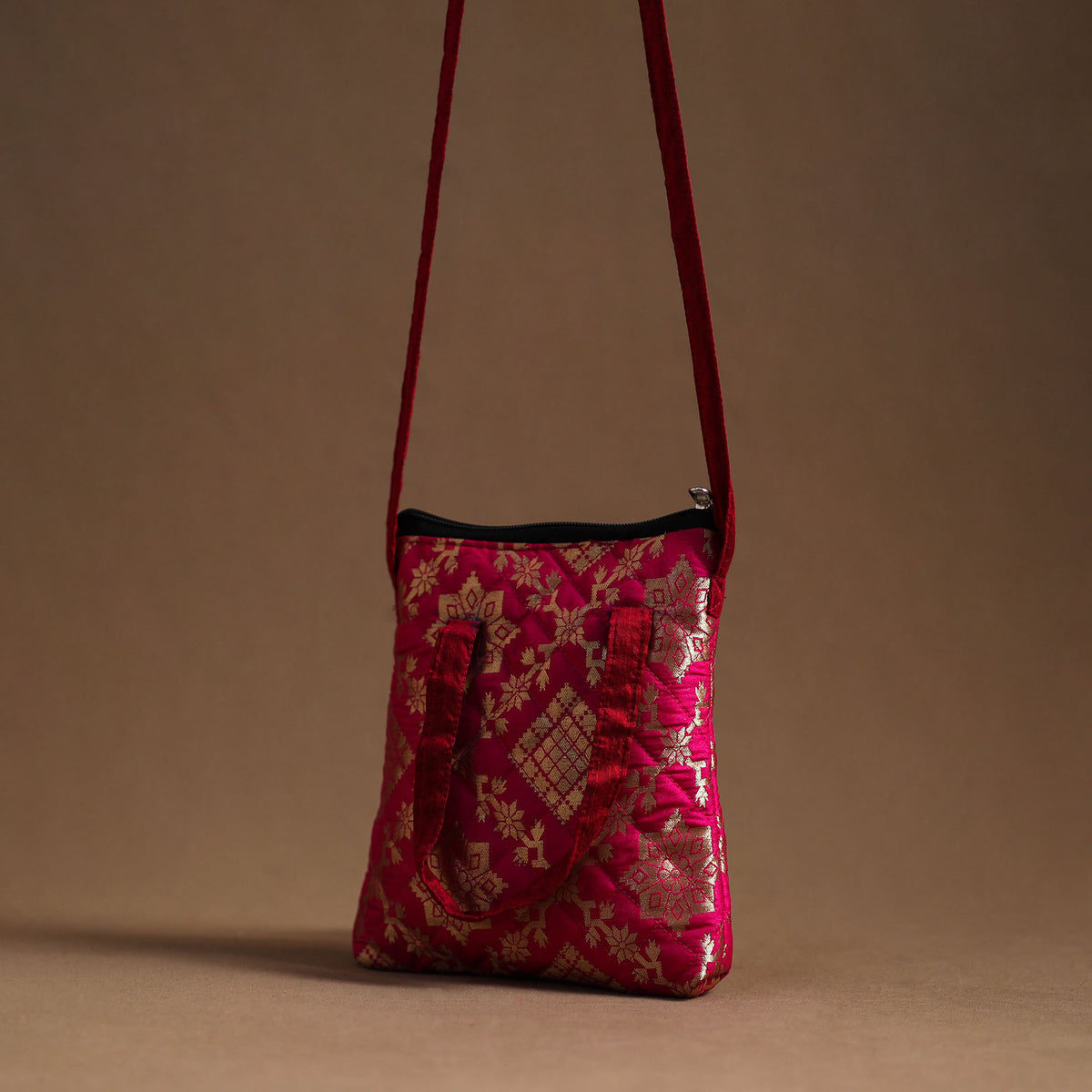 Pink - Handcrafted Quilted Silk Sling Bag 13