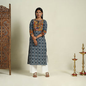 Grey Srikalahasti Mosaic Fusion Cotton Straight Ikat Kurta for Women